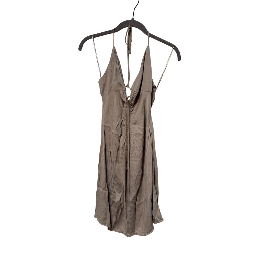 Zara Taupe Halter Mini Dress Womens XS Open Back Ruched Tie A Line Made Turkey - Picture 2 of 11